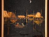 a painting of a boat in the water with a moon in the background