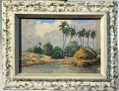 une peinture à l'huile représentant un paysage avec des palmiers et une cabane