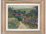 a painting of a landscape with houses and trees in the distance