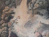 un tableau représentant une cascade au milieu d'une forêt