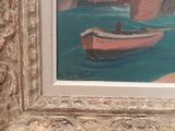 a painting of a boat in a body of water