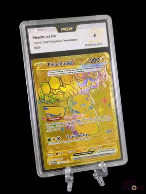 a pokemon card in a plastic holder on a black background