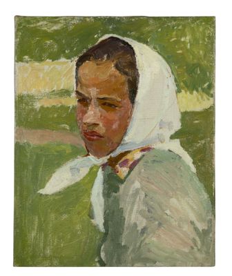 an oil painting of a woman wearing a white bonnet and a white scarf