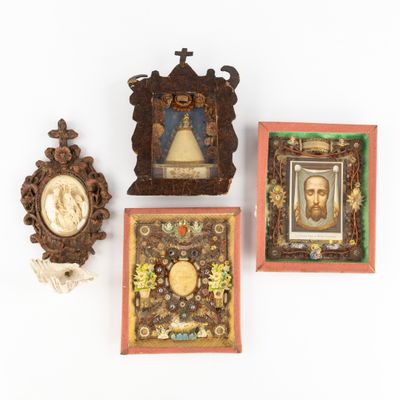 three framed pictures of a woman and a man on a white background