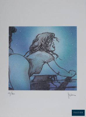 dessin représentant une femme assise sur un rebord de fenêtre, contemplant le ciel nocturne