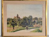 an image of a painting of a horse and a man walking down a path