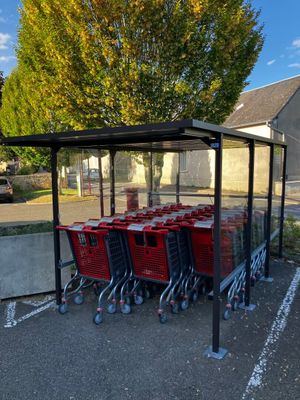 several shopping carts are lined up in a row in a parking lot