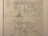 drawing of a man and a dog in a room with a man on a horse