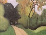 un tableau représentant une route de campagne avec une maison au loin