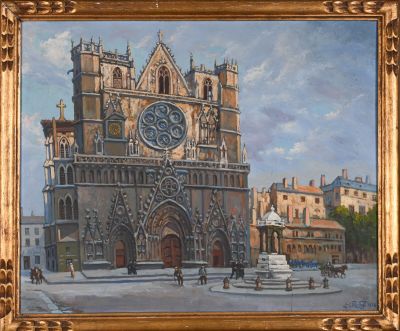 an oil painting of a church with a clock on the front of it