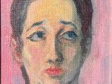 an oil painting of a woman ' s face on a pink background
