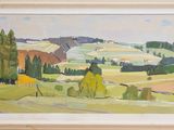 an image of a painting of a rural landscape with trees