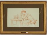 drawing of a man sitting at a table with a bird in his hand