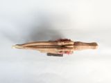 a wooden sculpture of a fish on a white surface