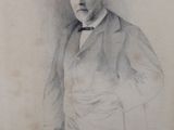 drawing of a man in a suit and tie standing in front of a white background