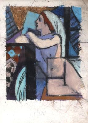 an image of a painting of a woman sitting on a chair
