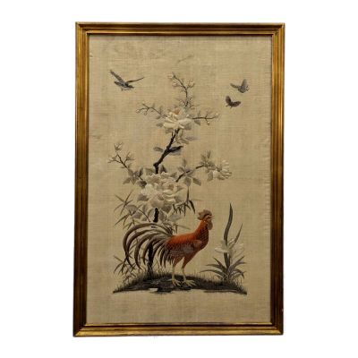 a painting of a rooster and flowers in a gold frame