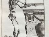 an old black and white drawing of a skeleton sitting at a table