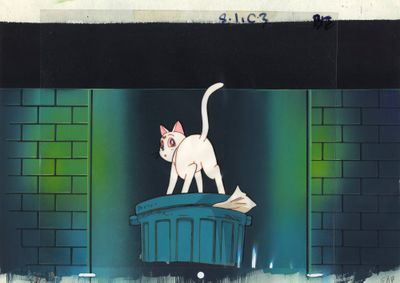tableau représentant un chat blanc debout sur une poubelle bleue