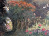 an oil painting of a garden with flowers and trees in the background