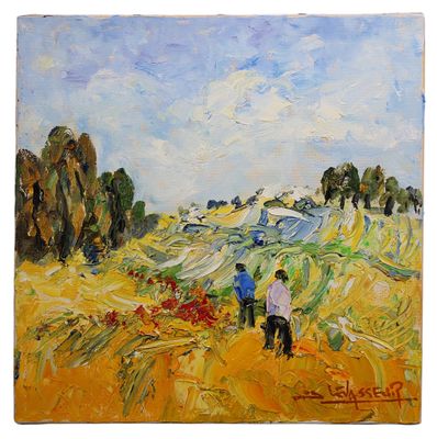 a painting of two people walking through a field of crops