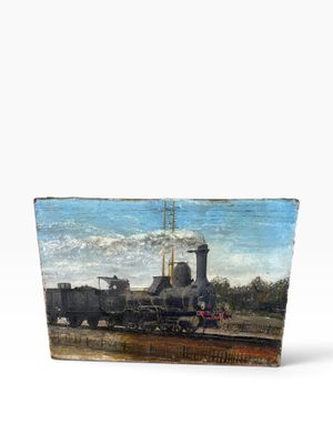 a picture of a painting of a train on a train track