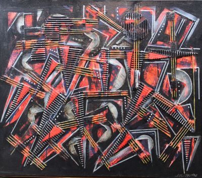 painting of a black and red abstract painting on a black background