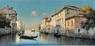 a painting of a gondola going down a canal