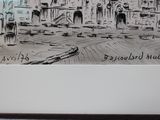 drawing of a city street with a clock tower in the background