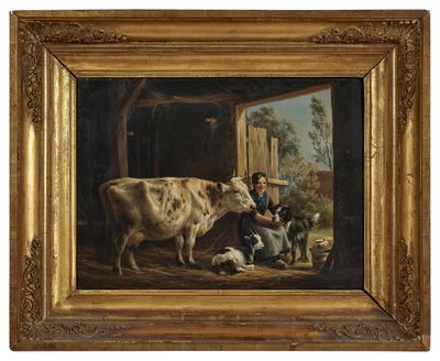 tableau représentant un homme en train de traire une vache dans une étable, en compagnie d'un chien et d'un chat