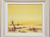 an oil painting of a yellow landscape with a tree in the foreground