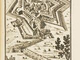 an old book with a drawing of a city in the middle of it