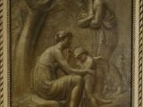 painting of a man and a woman sitting on a rock in a wooded area