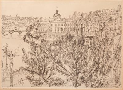 drawing of a view of a city with a bridge over a river