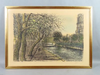 un dessin représentant une rivière avec des arbres et des bâtiments en arrière-plan