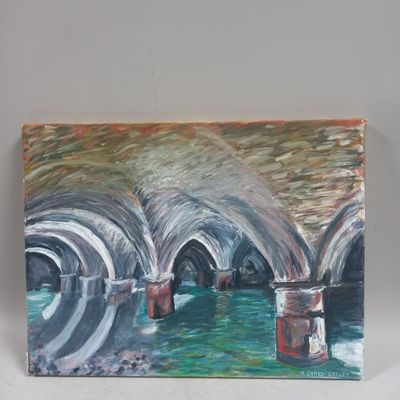 an oil painting of a painting of a bridge over a body of water