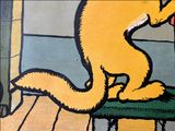 a painting of a cat sitting on top of a stool
