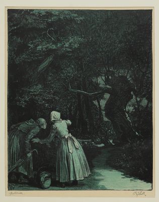 tableau représentant une femme et un enfant dans un environnement boisé
