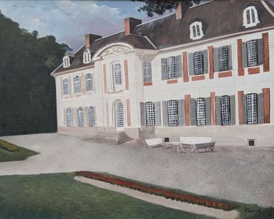 une peinture représentant un bâtiment devant lequel se trouve un banc