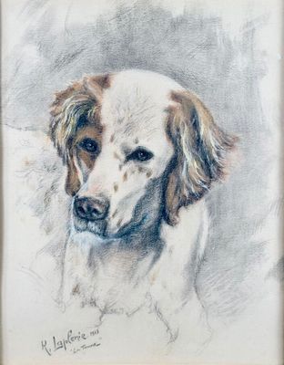 painting of a brown and white dog in a brown frame