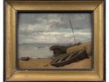 a painting of a boat on the beach by the water