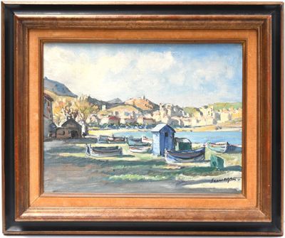 a painting of boats on the shore of a harbor