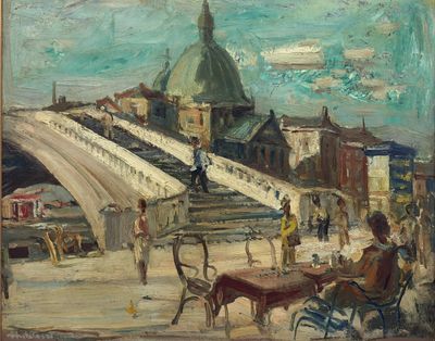 tableau représentant un pont enjambant une rivière, avec des personnes assises à des tables devant ce pont
