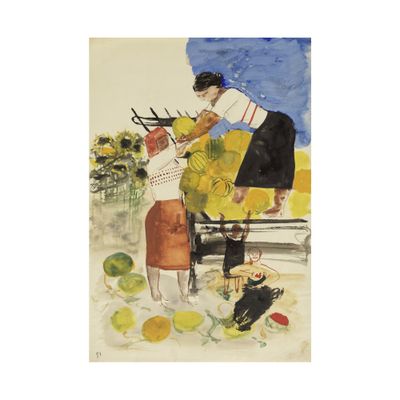 an image of a painting of a woman sitting on a bench next to a child