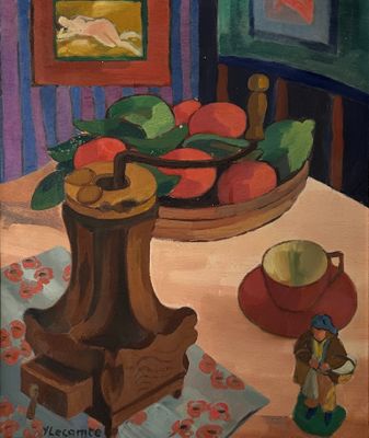 a painting of a bowl of fruit and a figurine on a table