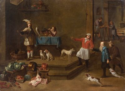 painting of a group of people in a room with a dog and a cat