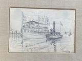 dessin représentant un bateau à vapeur sur l'eau, orné de drapeaux