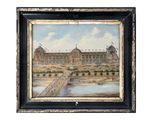 tableau représentant un grand bâtiment avec une tour horloge en son centre