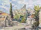 peinture d'une vue d'un village avec une église au loin