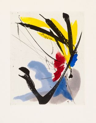 une image représentant une photo d'un tableau orné d'un motif rouge, jaune et bleu